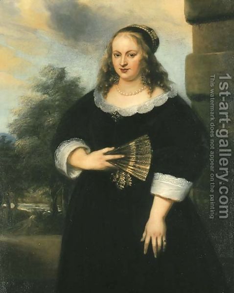 Portrait_Of_A_Lady__Three_Quarter_Length__In_A_Black_Dress_With_A_White_Lace_Collar_And_Cuffs__A_Fan_In_Her_Right_Hand__A_Garden_Beyond.jpg